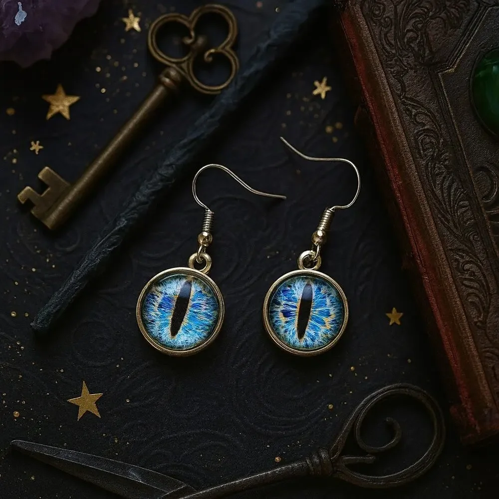 Mystic Blue Cat Eye Dangle Earrings – Handmade Fantasy Jewelry